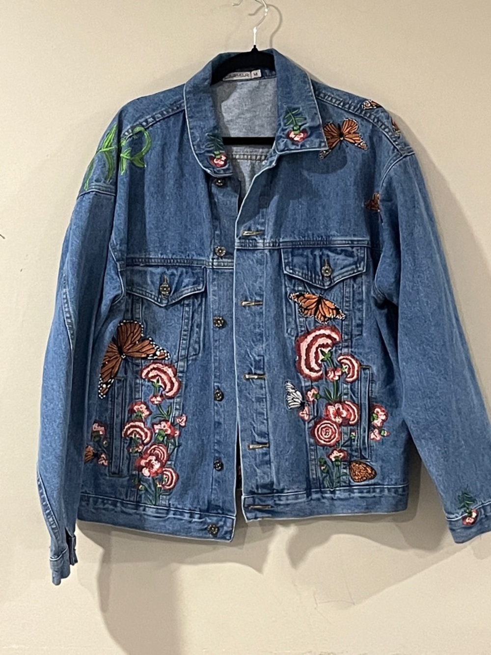 Carmar Blue Denim Jacket with Floral & Butterfly Embroidery